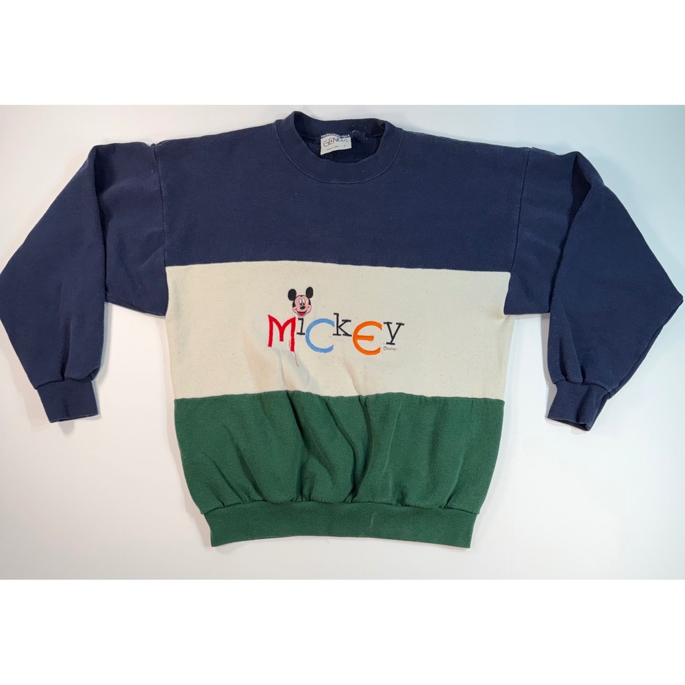 Vintage Genus Mickey Mouse Colorblock Sweatshirt Navy Cream Green USA Made Large